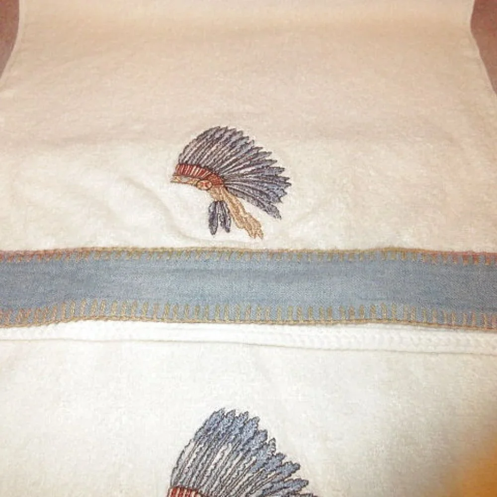 Vtg Native American Headress Hand Towels Set Of 2 Cotton Southwest Tribal USA
